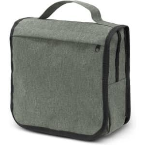 A green toiletry bag with a top handle, featuring a zippered pocket and a textured fabric design.