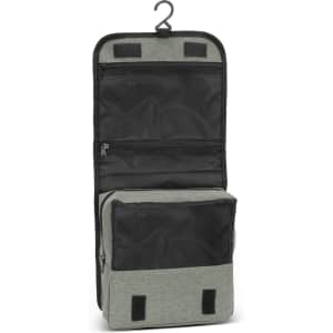 A green toiletry bag with a hanging hook, featuring multiple mesh pockets and a zippered compartment.