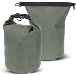 A green dry bag in two sizes, featuring a textured finish and a secure closure mechanism. It has a branding logo.