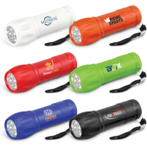 A collection of six torches in white, red, green, blue, and black, each with a strap and a logo.