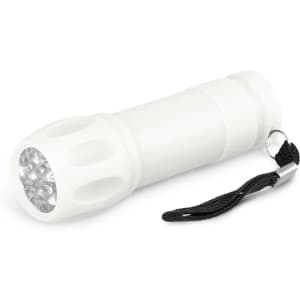 A white torch with a textured grip and a black strap, featuring multiple LED lights on the front.