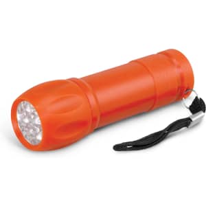 An orange flashlight with a textured grip and keyring attachment. It features a cluster of bright LED lights at the front.