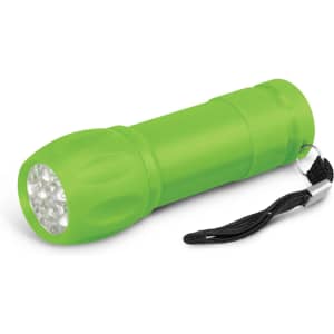 A green torch with a textured grip and a strap, featuring a LED light at the front.