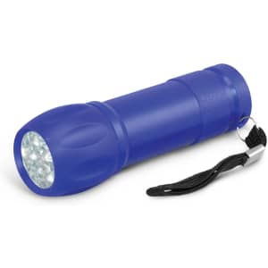A blue torch with multiple LED lights and a black keyring attachment.