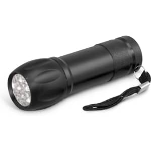 A black torch with a textured body and a lanyard, featuring multiple LED lights at the front.