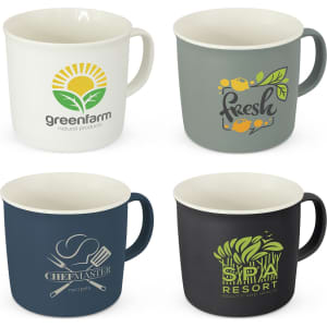 Four coffee mugs in various colours, featuring different logos and designs: cream, teal, navy, and black.