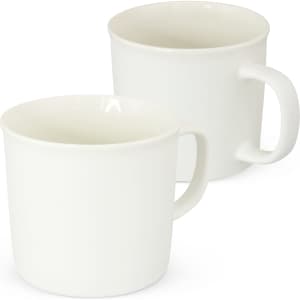 A white ceramic coffee mug with a simple design and a sturdy handle. It has a glossy finish and includes a logo.