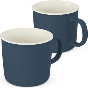A coffee mug set featuring a dark blue exterior and a contrasting light interior, with an ergonomic handle.