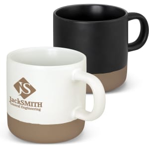 A coffee mug set featuring a white mug with a tan base and a black mug, both with a logo.