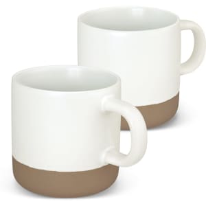 A set of ceramic coffee mugs in white and tan, featuring a simple design with a prominent handle.