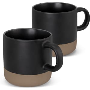 Two black coffee mugs with a matte finish and a beige textured base, featuring a handle and logos.