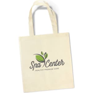 A natural beige tote bag with two handles featuring a logo design. The bag has a simple, eco-friendly look.