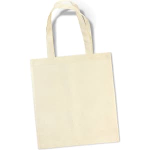 A natural, cream-coloured tote bag with two handles and a simple, unembellished design. It features a branding logo.