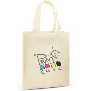A natural-looking tote bag in a light cream colour with handles and a logo design.
