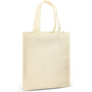 A natural beige tote bag with two sturdy handles and a simple design. It features branding on one side.