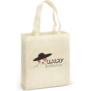 A natural-toned tote bag with two handles and a logo on the front.