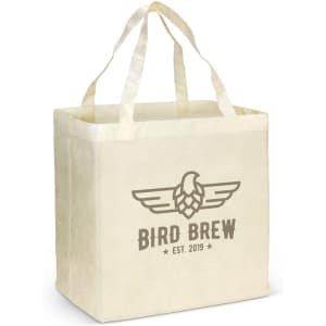 A natural-coloured tote bag with two handles and a logo featuring an illustration and text.