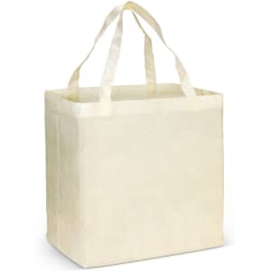 A natural look tote bag in a light cream colour with sturdy handles and a square shape. It has a logo on one side.