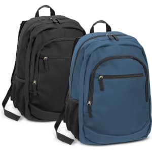 A black backpack and a blue backpack, both featuring zippers and side pockets, with branding on them.