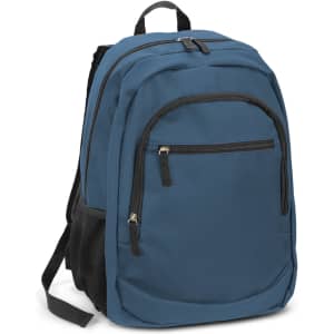 A blue backpack with a black zip pocket, featuring adjustable straps and a mesh side pocket.