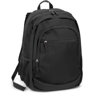 A black backpack with multiple compartments, including a zippered front pocket and mesh side pockets.