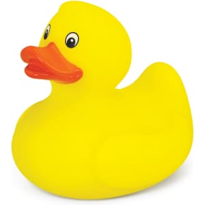A yellow rubber duck with a bright orange beak and cartoonish eyes, featuring a simple shape and a glossy finish.