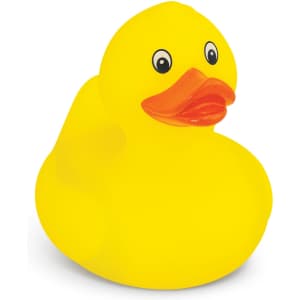 A yellow rubber duck with a bright orange beak and black eyes, featuring a smooth, rounded body.