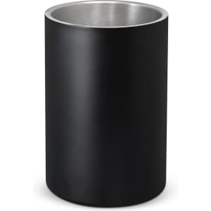 A drink bottle in a sleek black exterior with a silver interior, featuring a smooth cylindrical design and a logo.