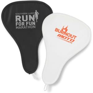 A foldable event fan featuring black and white sides, with a logo on each side.