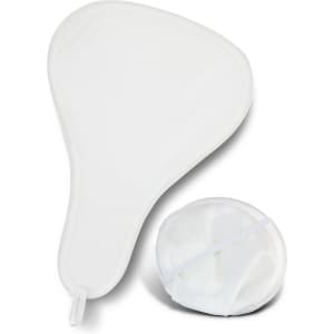 A foldable event fan in white, compactly stored in a matching pouch, featuring a simple design.