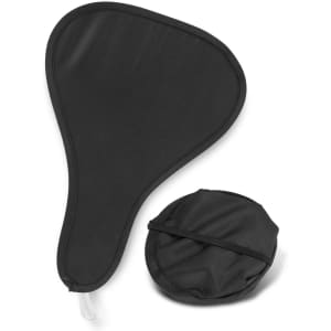 A foldable event fan in black, displayed in an unfolded and folded state, with a carrying pouch.