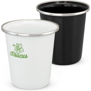 A drink bottle set featuring a white enamel tumbler with a green logo and a black enamel tumbler, both with silver rims.