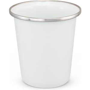A white enamel tumbler with a stainless steel rim, suitable for various beverages.