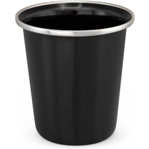 A drink tumbler in black with a stainless steel rim, featuring a branded logo. Ideal for beverages.