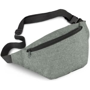A grey belt bag with a single zippered pocket and an adjustable strap, featuring a branding logo.