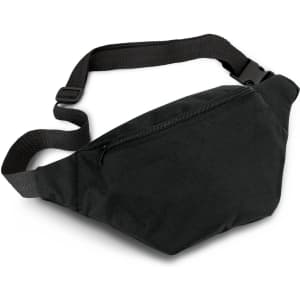 A black belt bag featuring a front zip pocket and an adjustable strap, with a logo visible on the fabric.