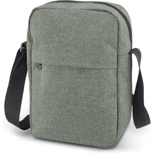 A green fabric travel bag with a zipper closure and an adjustable black strap. It features a front pocket and has a logo.