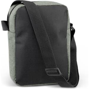 A compact grey and black travel bag with an adjustable strap and a branded logo.