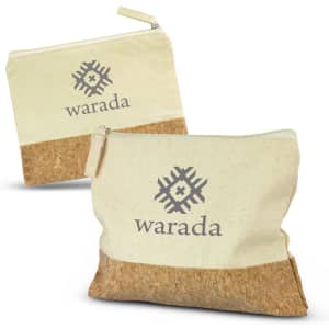 A pencil case in cream fabric with a cork base, featuring a logo on the front.