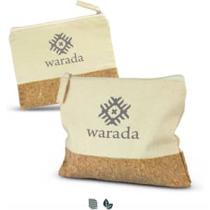 A pencil case made of natural fabric with a cork bottom, featuring a logo on the front.