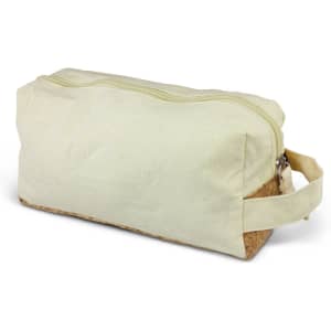 A beige toiletry bag with a cork base and a zip closure, featuring a side handle for easy carrying.