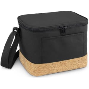A square black cooler bag with a cork bottom and a zip closure, featuring a shoulder strap.