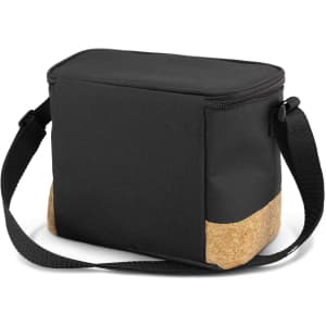 A black cooler bag with a cork bottom and a detachable shoulder strap. It features a zip closure and a simple design.