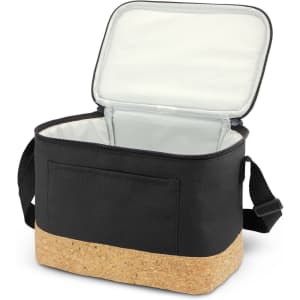 A black cooler bag with a cork base and a zippered opening, featuring a silver insulated interior.