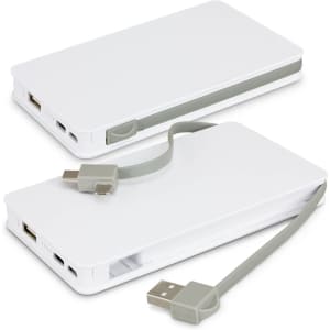 A white power bank with a grey accent and a USB cable attached, designed for wireless charging.
