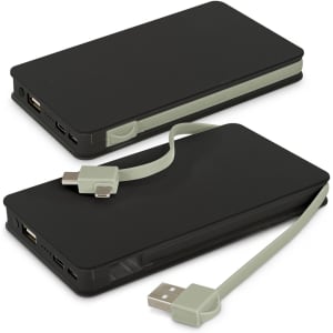 A black wireless charging power bank with a built-in grey USB cable, featuring multiple charging ports.