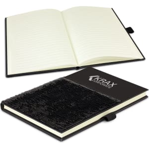 A black sequin notebook with a textured cover and an open blank page layout. Features a logo on the cover.