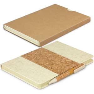 A notebook with a cork and cream cover, accompanied by a matching pen, packaged in a brown cardboard box.