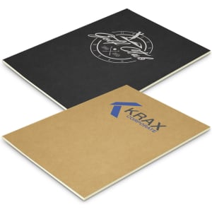 A large notebook with a black cover featuring a design and a cream back cover with a logo.