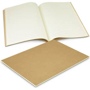 A large, lined Kora notebook with a cream interior and a brown cover. It has a simple design and features a logo.